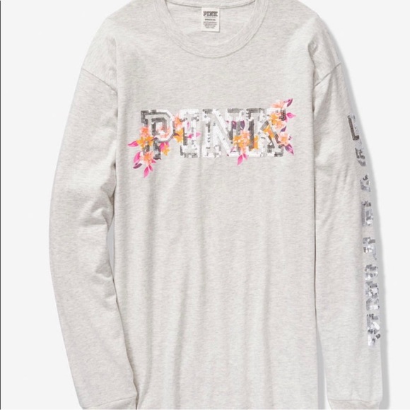 VS Pink HTF Victoria’s Secret Campus Bling Sequin Long Sleeve Tee Shirt L - Picture 1 of 7